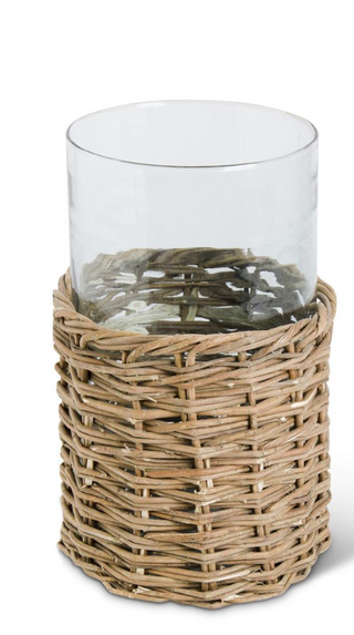 Clear Glass Cylinders in Woven Rattan Baskets
