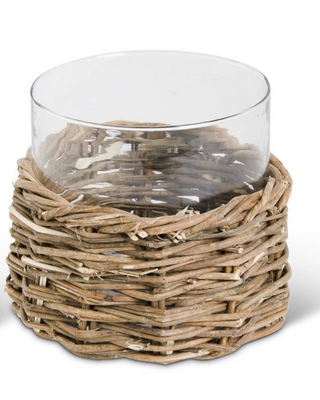 Clear Glass Cylinders in Woven Rattan Baskets
