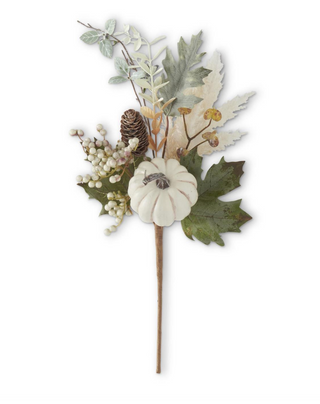 22 Inch Mixed Fall Foliage Stem with White Pumpkins & Pinecones