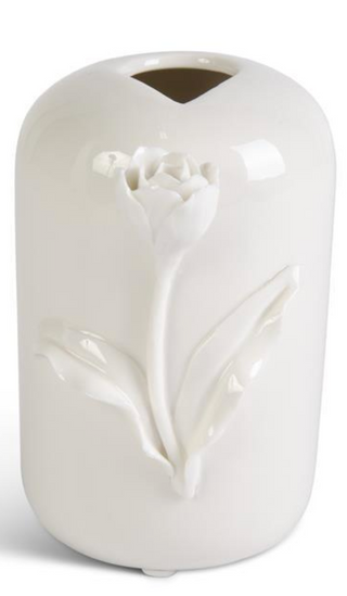 Tall White Ceramic Vase With Raised Flowers