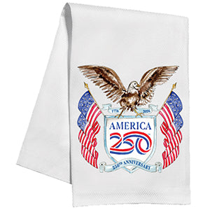 Handpainted America 250 logo with bald eagle and flags kitchen towel