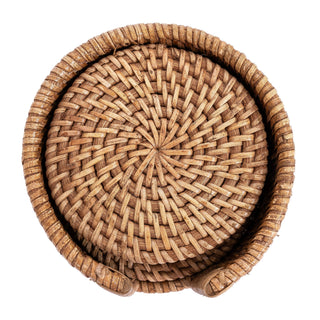 Handwoven Rattan Round Coaster Set with Storage Box 7 Pieces