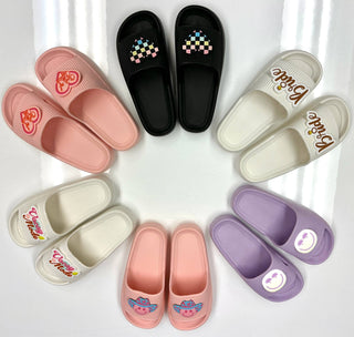 Quick Dry Pool Slide Sandals - "Good Vibes" - Light Purple: Medium