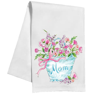 Mom Blue Basket Full of Pink Flowers Kitchen Towel