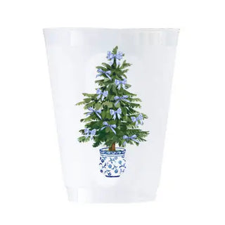 16 oz Shatterproof Cups | Set of 8 | Blue Bow Christmas Tree