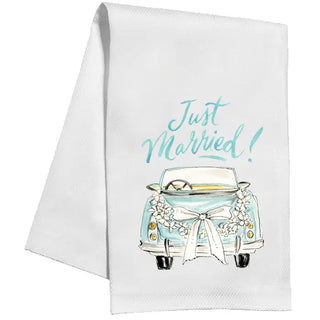 Just Married! Car with Bow and Flowers Kitchen Towel