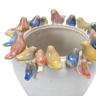 Stoneware Planter with Birds on Rim, Reactive Glaze