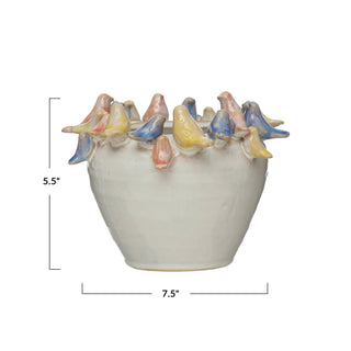 Stoneware Planter with Birds on Rim, Reactive Glaze