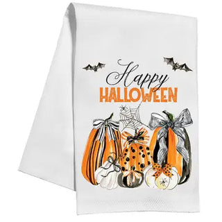 Happy Halloween Pumpkins with Bows Kitchen Towel