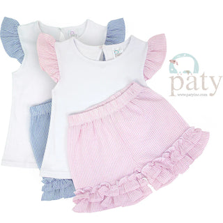 Pink 2 Piece Seersucker Set with Ruffle Shorts