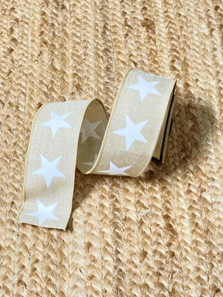 Faux Linen Printed White Stars Natural Ribbon